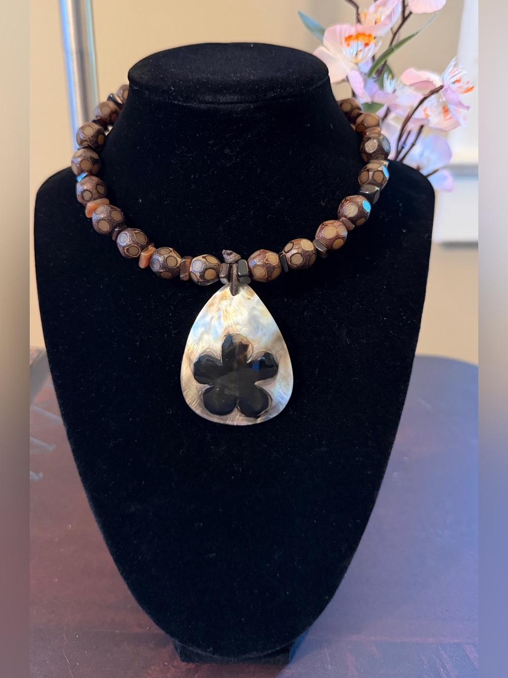 🐼 Beaded Brown Wood Necklace with Teardrop Shell Pendant #0181